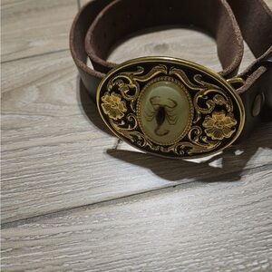 Brown and Gold Leather Belt with Ornate Buckle